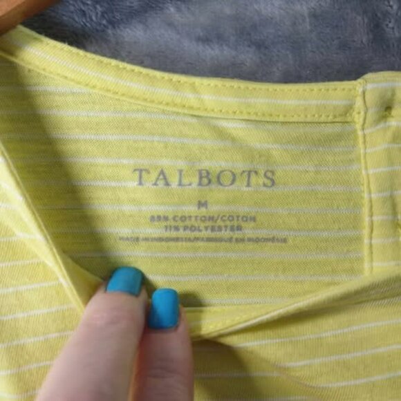 Talbots M Yellow Striped ShortSleeve Pocket Button Back Detail preppy casual Top - Picture 3 of 9